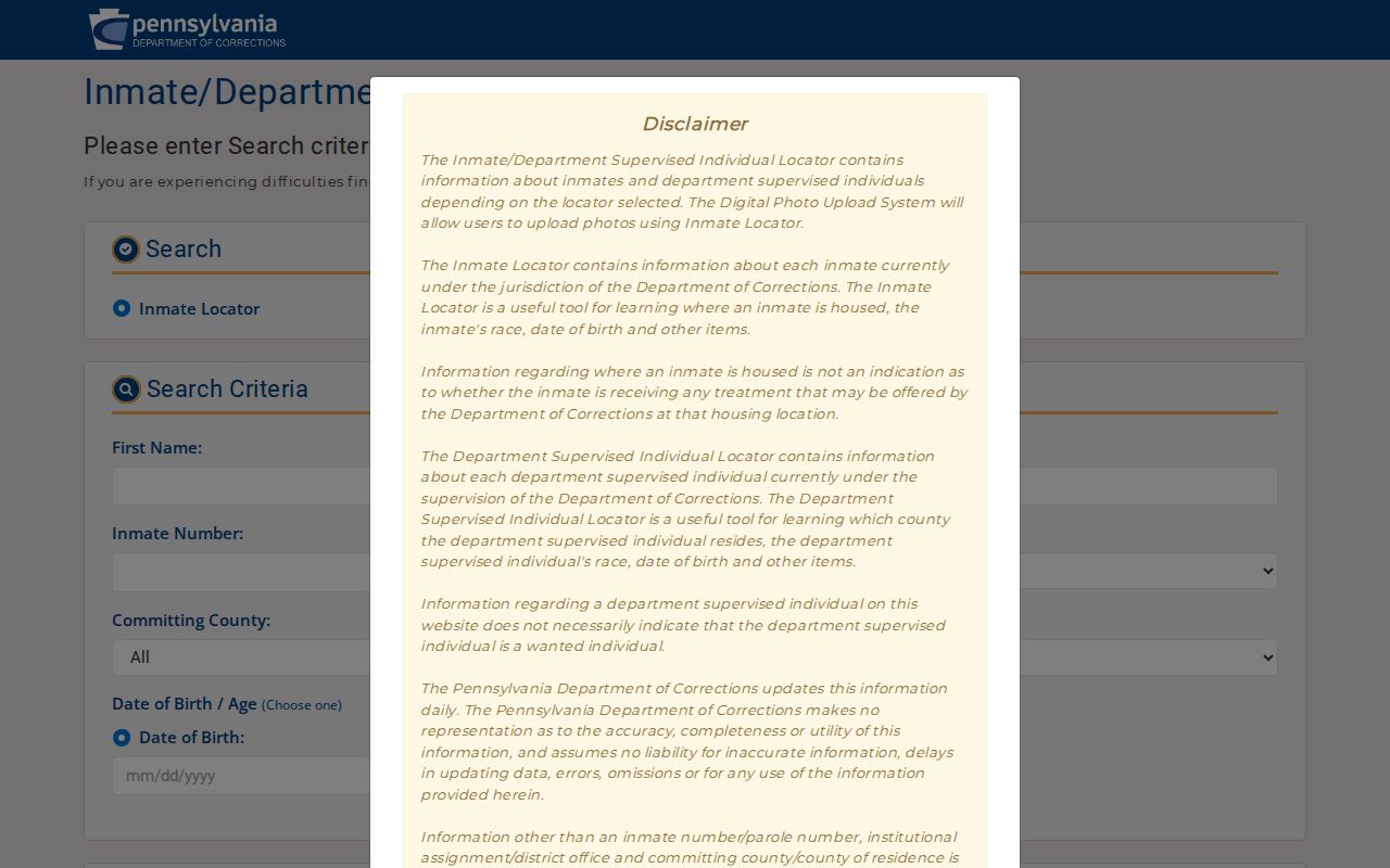 Pennsylvania Department of Corrections inmate and supervised individual locator