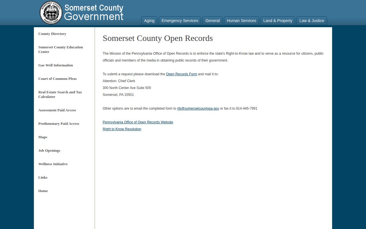 Somerset County Open Records webpage with Right-to-Know request information