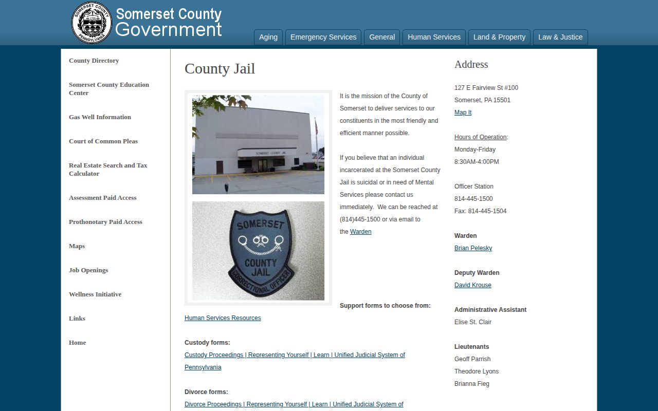 Official Somerset County Jail webpage with contact and PA SAVIN information